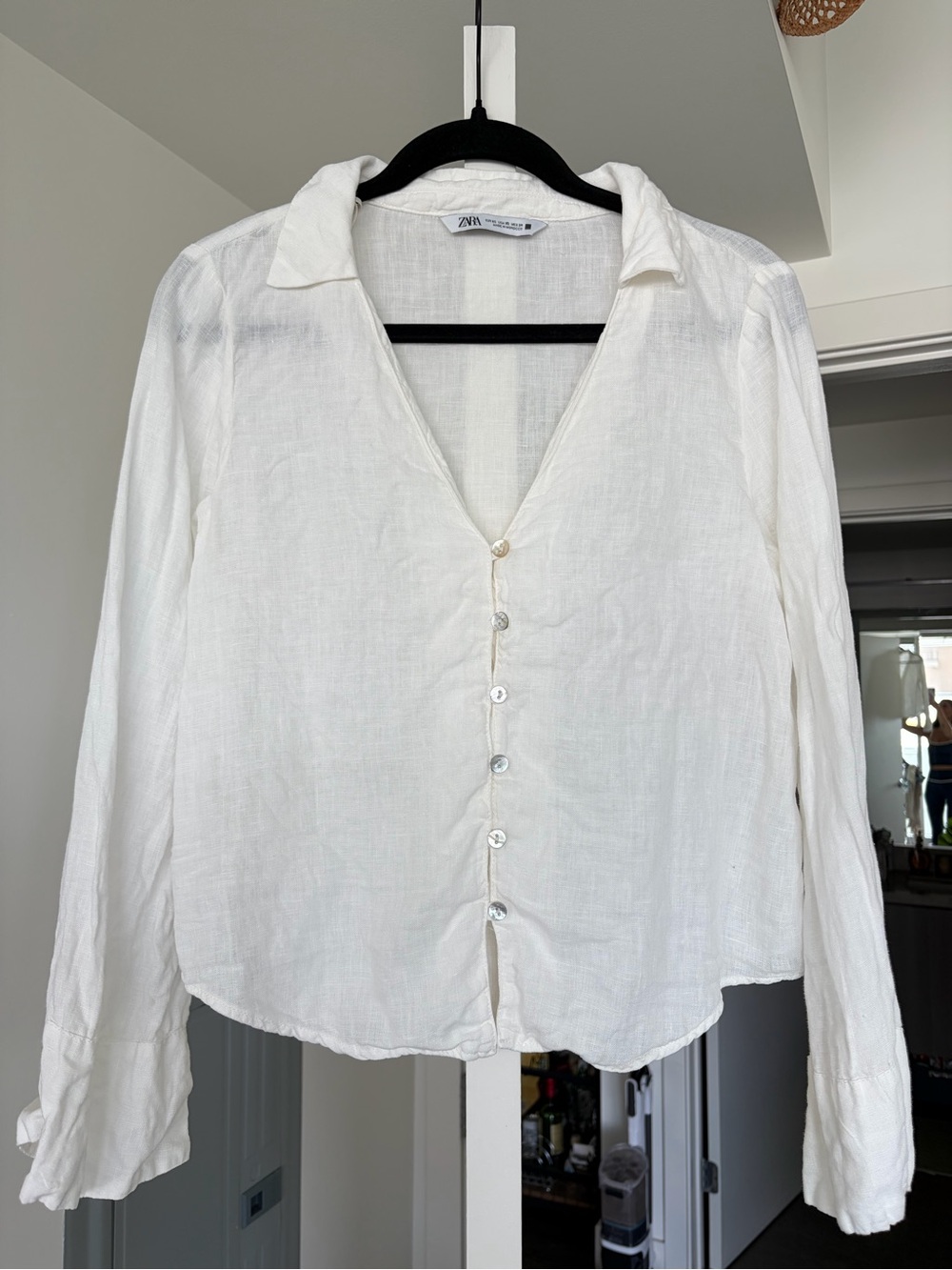 Zara Linen Long Sleeve Button Down Collared Top White Size XS